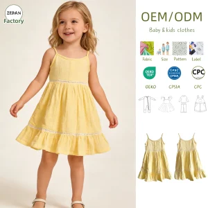Summer Girls' Camisole Dress Girls Organic Crinkle Gauze Spaghetti Strap Dress Yellow Lace Trim Ruffle Hem Summer Sundress