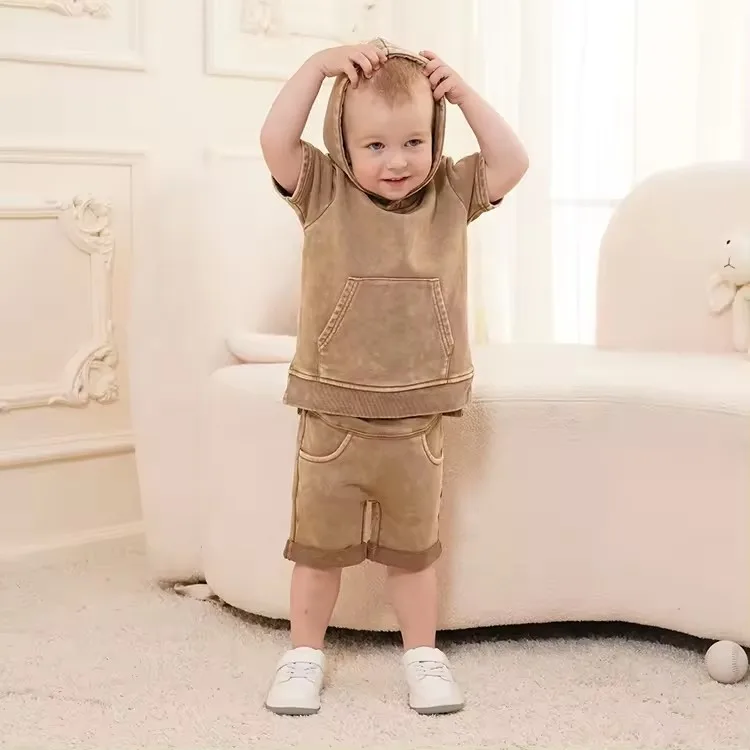 Custom Vintage Kids Acid Wash Design French Terry Cotton Short Sleeve Hoodies and Shorts Two Pieces Set - Image 6