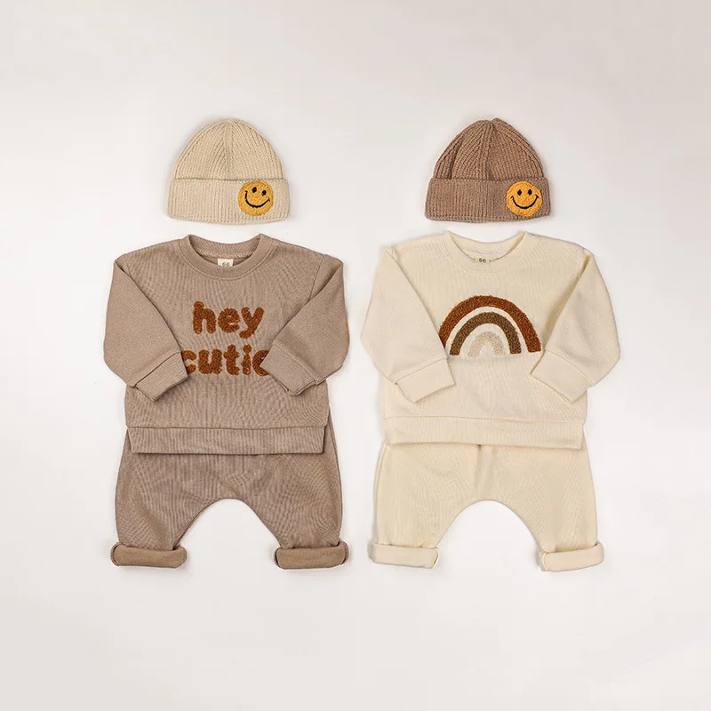 New Fashion Baby Spring and Autumn Letter rainbow Towel Embroidered Set Long Sleeve Pants Baby Sets Newborn