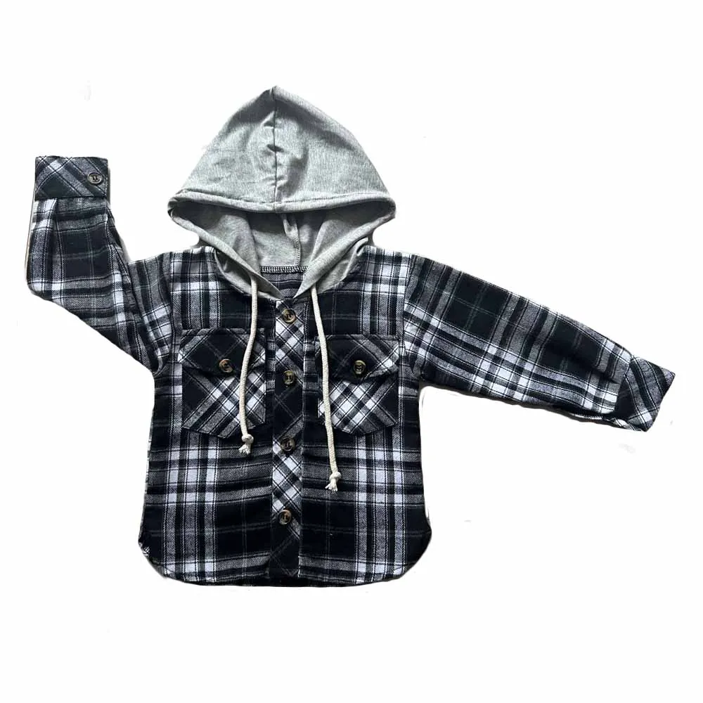 Spring Toddler Boy Hooded Draw Rope Checked Pocket Shirt Fashion Long-sleeved Urban Baby Coat - Image 2