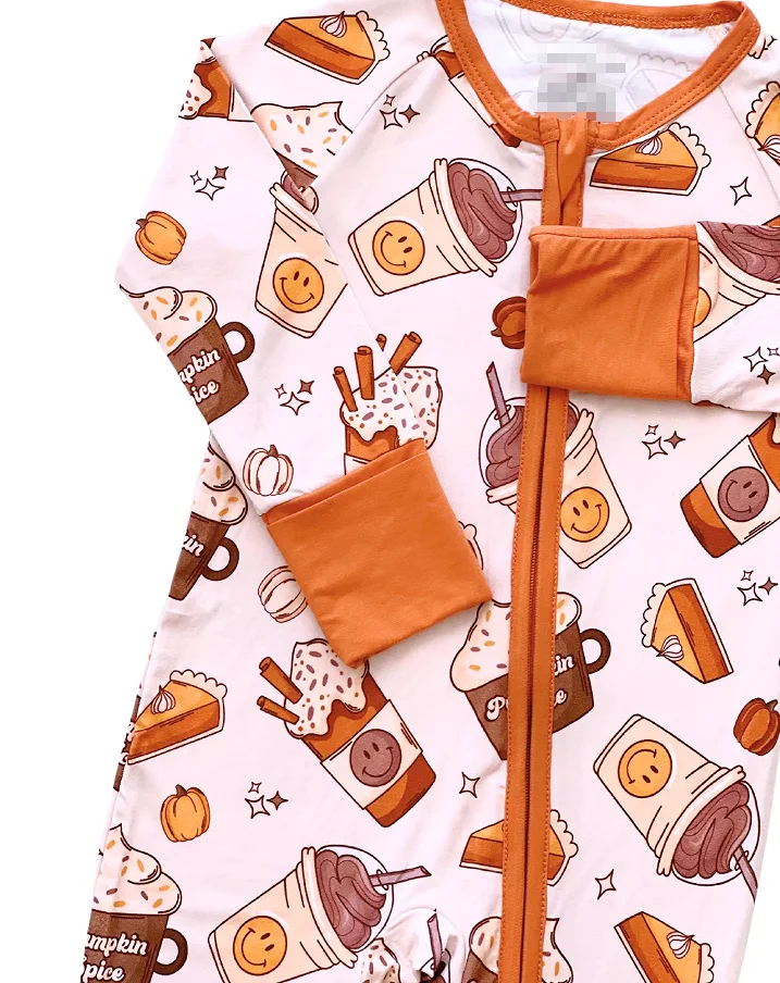 Custom Bamboo Baby Soft Pajamas Pumpkin Spice Toddler Foldable Cuff Jumpsuit 2-way Zipper Baby Rompers - Image 4