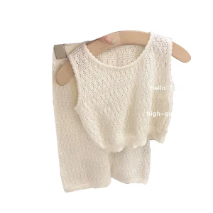 RTS Hot Sell Beige Soft Baby Girl Summer Knitted Hollow Vest Wide Leg Pants Two Piece  Clothes Set