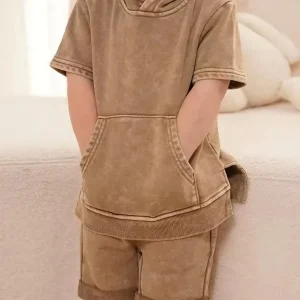 Custom Vintage Kids Acid Wash Design French Terry Cotton Short Sleeve Hoodies and Shorts Two Pieces Set