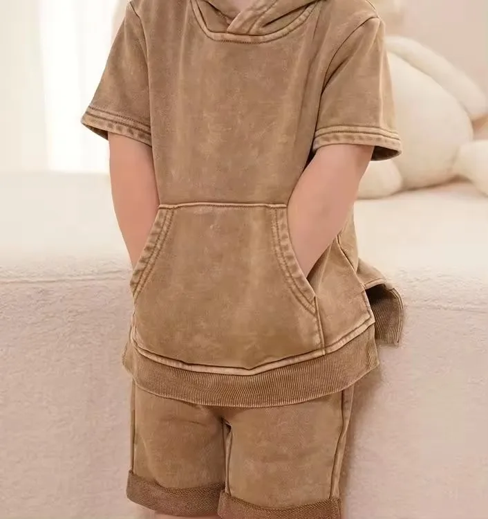 Custom Vintage Kids Acid Wash Design French Terry Cotton Short Sleeve Hoodies and Shorts Two Pieces Set