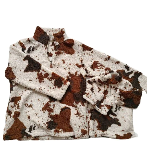 RTS Mommy and Me Jacket Kids Girls Boys Cow Print Sherpa Pullover Zipper Thicken Warm Long Sleeve Fleece Coat for Winter