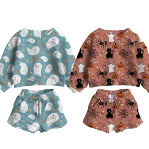 Custom Baby Halloween Waffle Set Ghost Pumpkin Seamless Design Print Pattern Long Sleeve Shirt and Shorts Casual Two Pieces Set