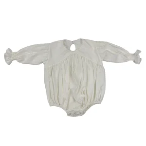 New Trend Linen Cotton Solid Color Long Ruffle Sleeve Baby Bubble Romper with Snap Button for Spring
