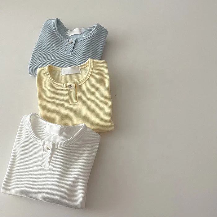 Custom Summer Rib Cotton Solid Color Baby Short Sleeve Top Candy Color Button Crewneck T-shirt for Baby Unisex - Image 5