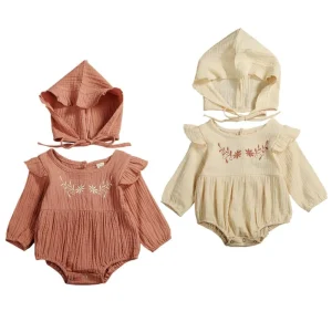 Autumn Baby Clothing Newborn Baby Girl Cotton Linen Clothes Ruffle Romper Embroidered Jumpsuit Hat 2PCS Outfit Embroidery Patter