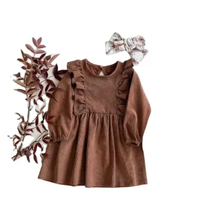 Girls Corduroy Dress Spring Toddler Kids Long Sleeve One Piece with Button A-line Ruffle Cotton Dress