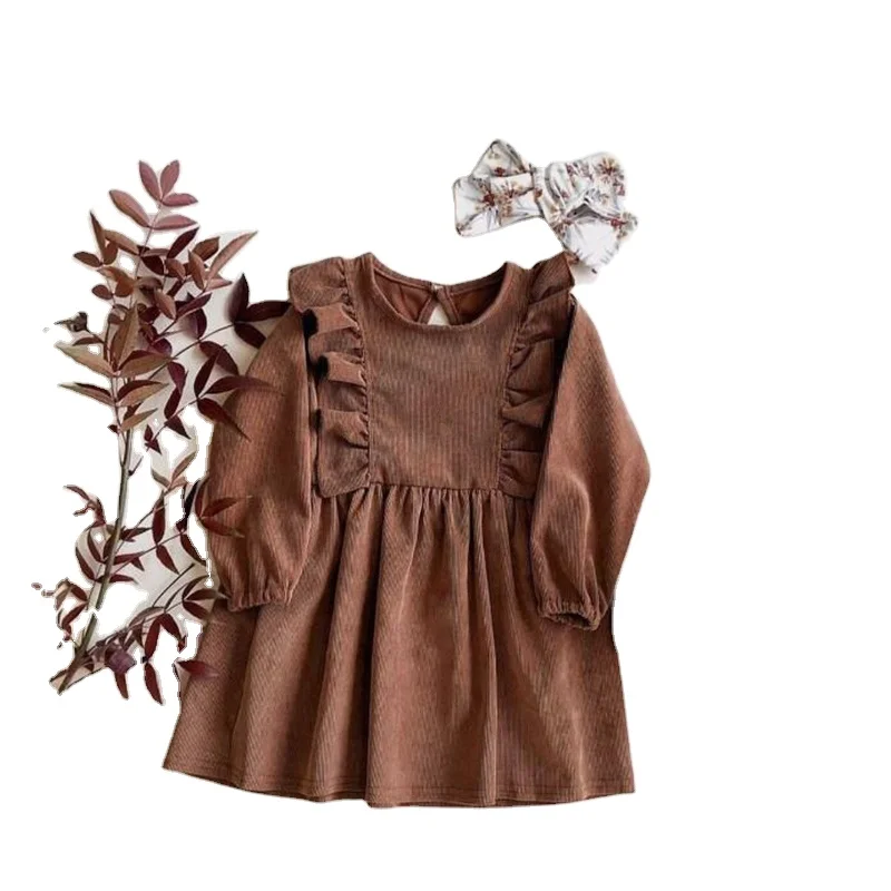 Girls Corduroy Dress Spring Toddler Kids Long Sleeve One Piece with Button A-line Ruffle Cotton Dress