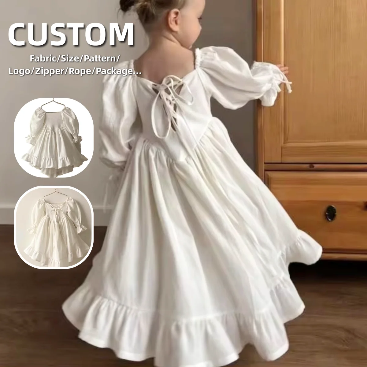 2024 Custom Linen Cotton Blend Bubble Sleeve Back Tie Princess Ruffle Big Skirt Dress