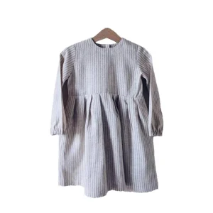Custom Spring and Autumn Baby Girl Different Sizes Color Linen Wooden Buttons on the Back Long-sleeved Dress