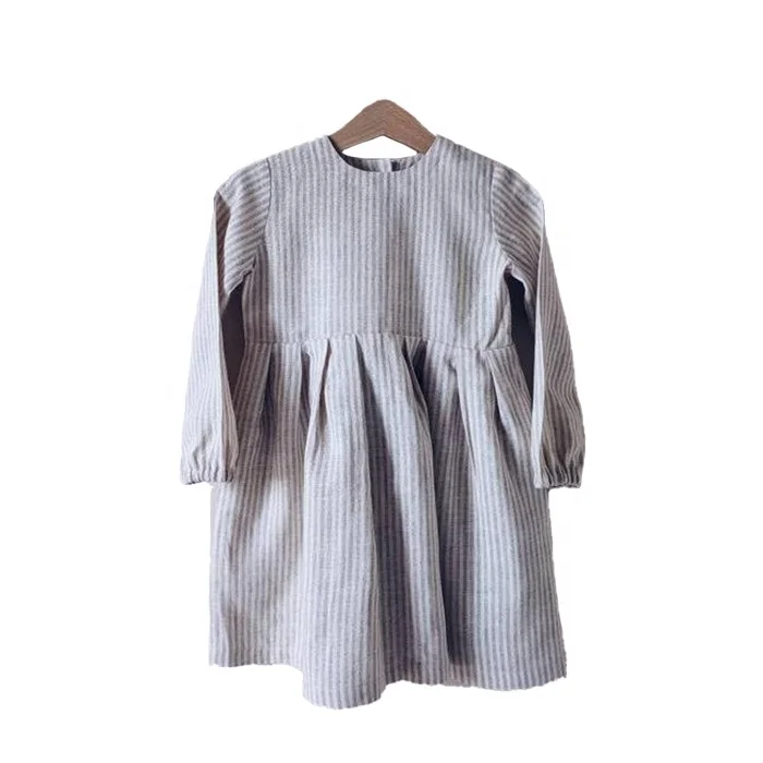 Custom Spring and Autumn Baby Girl Different Sizes Color Linen Wooden Buttons on the Back Long-sleeved Dress