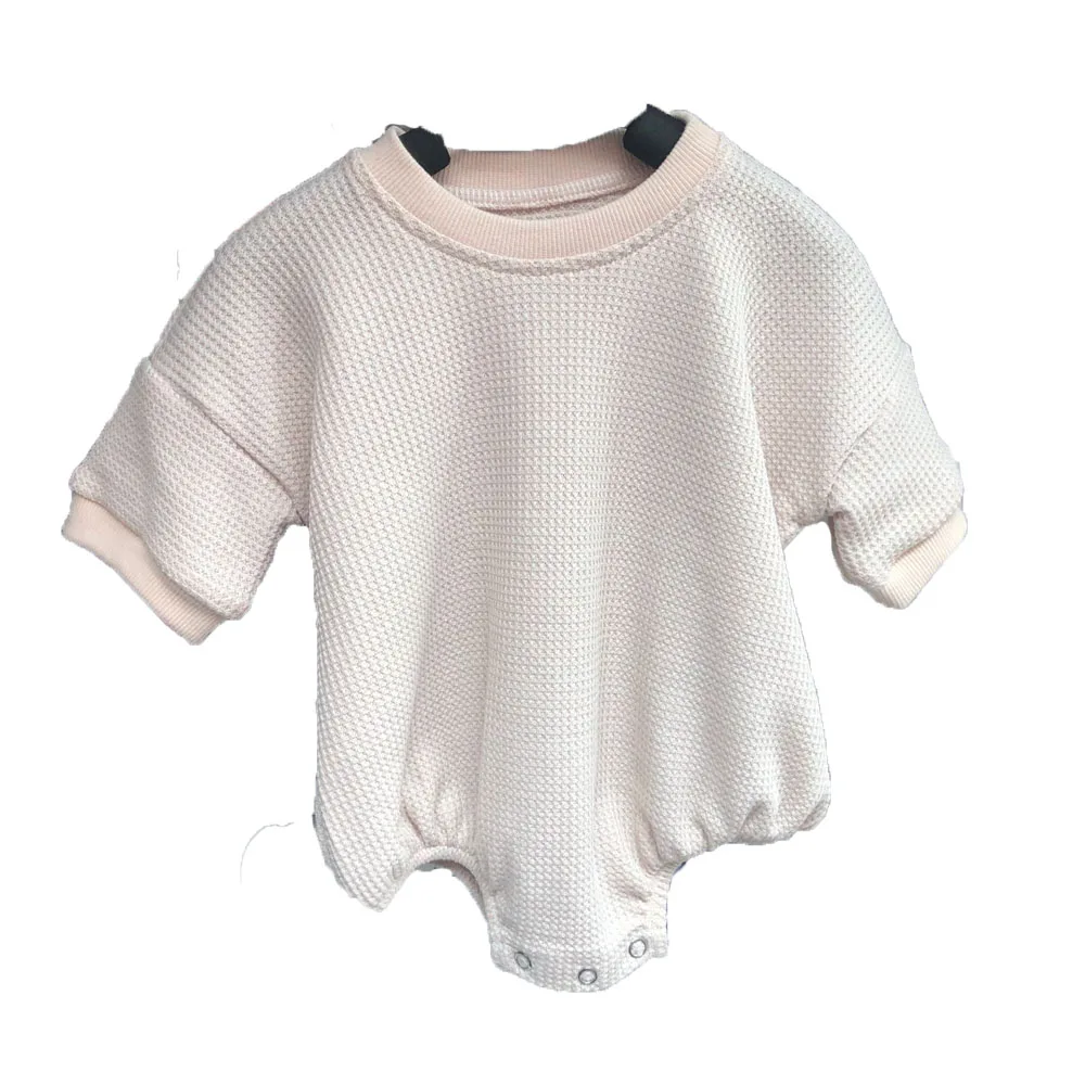 Newborn Baby Boys Girls Summer Rompers Toddler Solid Color Waffle Short Sleeve O-neck Jumpsuits - Image 3