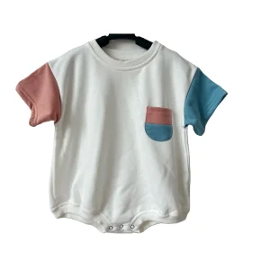 Wholesale Baby Summer Color-block Short Sleeve Sweatshirt Romper with Pocket Baby Boys Girls French Terry Bubble Romper