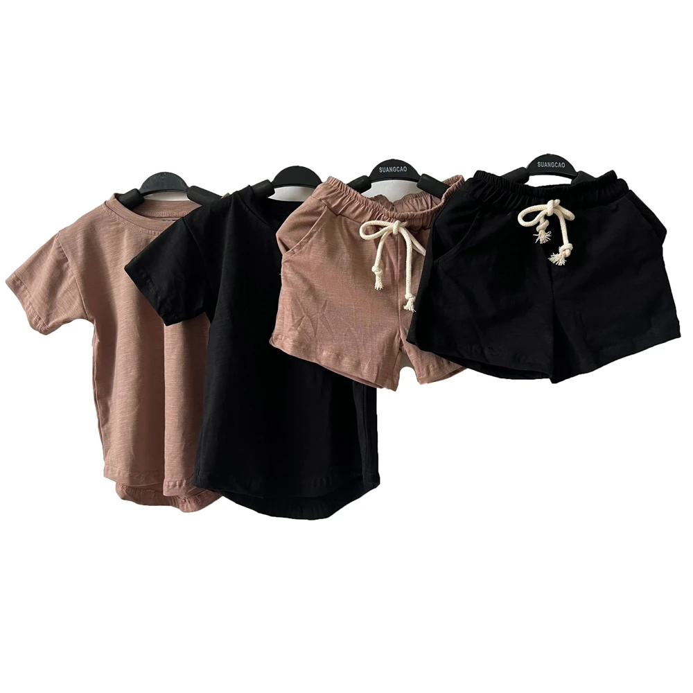 Custom New Design Solid Color Cotton Linen Casual Sleeveless Kids 2 Piece Clothes Set - Image 4