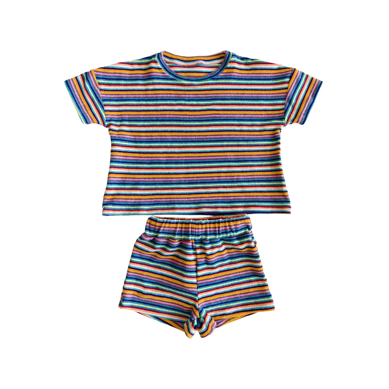 Summer 2-Piece Clothing Kids Rainbow Striped Terry Cloth Set Short Sleeve Top & Elastic Waist Shorts Kids Clothes Set for 0-8T - Image 3