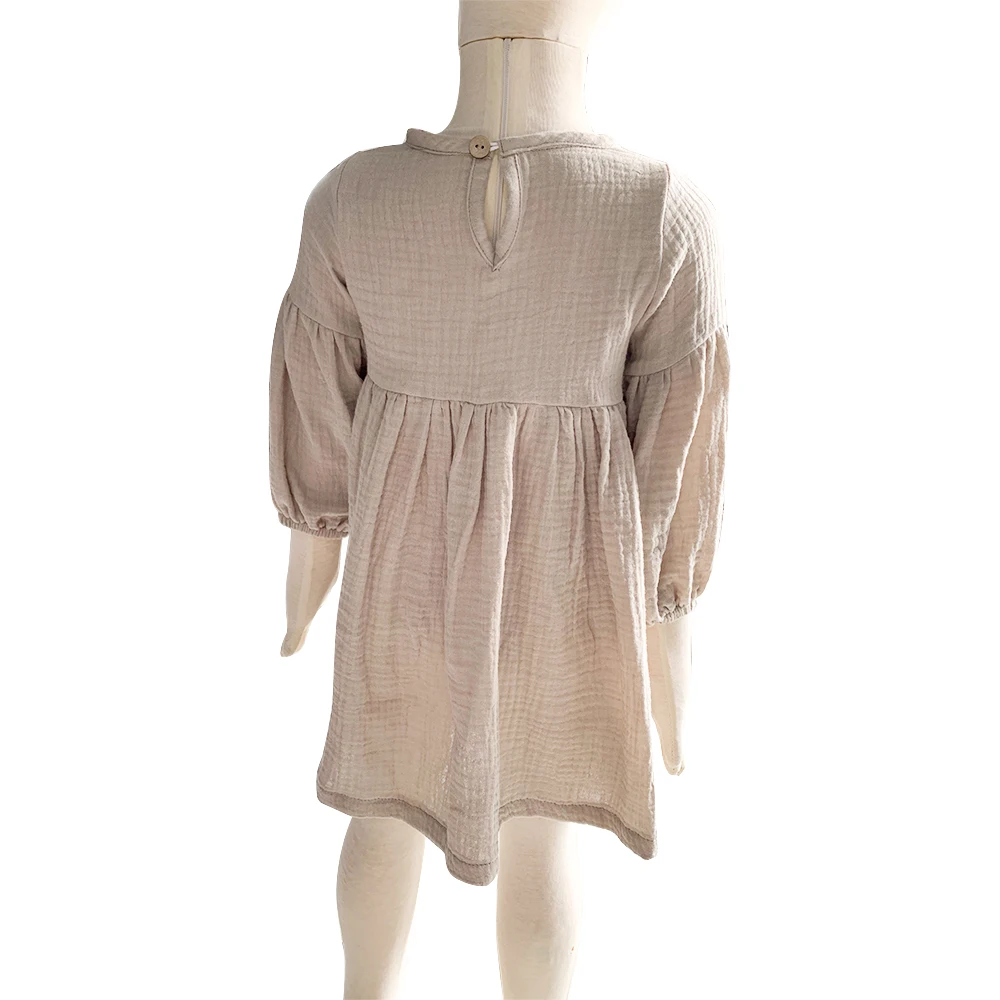 Classic Design Muslin Cotton Solid Color Long Sleeve Causal Baby Summer Dresses for Girls - Image 3