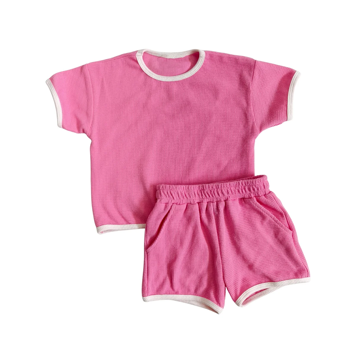 OEM Suit Set for Kids Summer Outfits Casual T Shirt and Shorts 2 Piece 100% Cotton Waffle Clothing Sets - Image 5