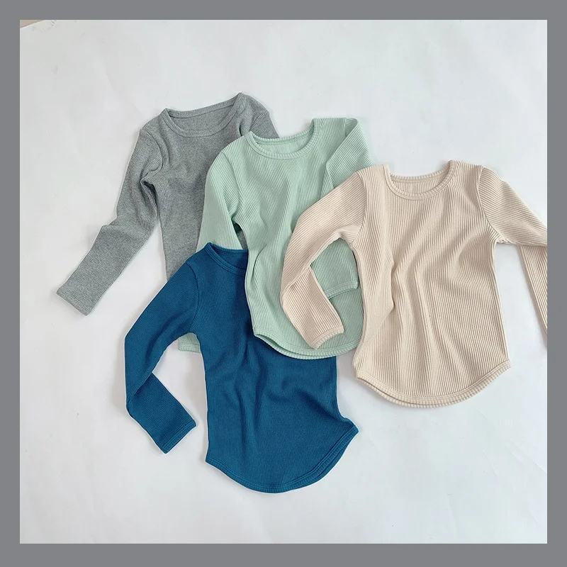 Custom Baby Toddler Elastic Ribbed Cotton Long Sleeve Unisex Casual Curved Hem T-shirts - Image 2