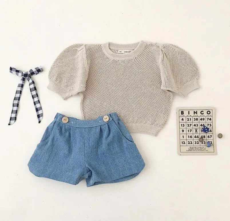 2024 New Summer Knitting Solid Color Puff Sleeve Shirt Toddler Girls Boutique Outfits T-shirt - Image 2