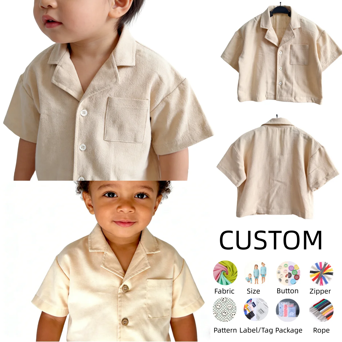 OEM Customized Baby Tops Boys' Short Sleeve Button Down Shirts Linen Textured Summer Beach Shirt Soild