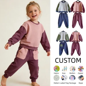 OEM Kids Clothes Set Toddler Girl Clothes Winter Solid Fleece Long Sleeve Pullover Sweatshirt Pants 2Pcs Fall Outfits