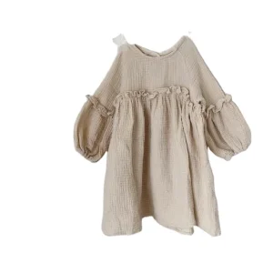 Custom Muslin Baby Girl Ruffle Design Bubble Sleeve Casual Dress
