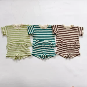 Custom Stripe Waffle  Summer Baby Toddler Kids Short Clothes Suit Kids Clothing Set