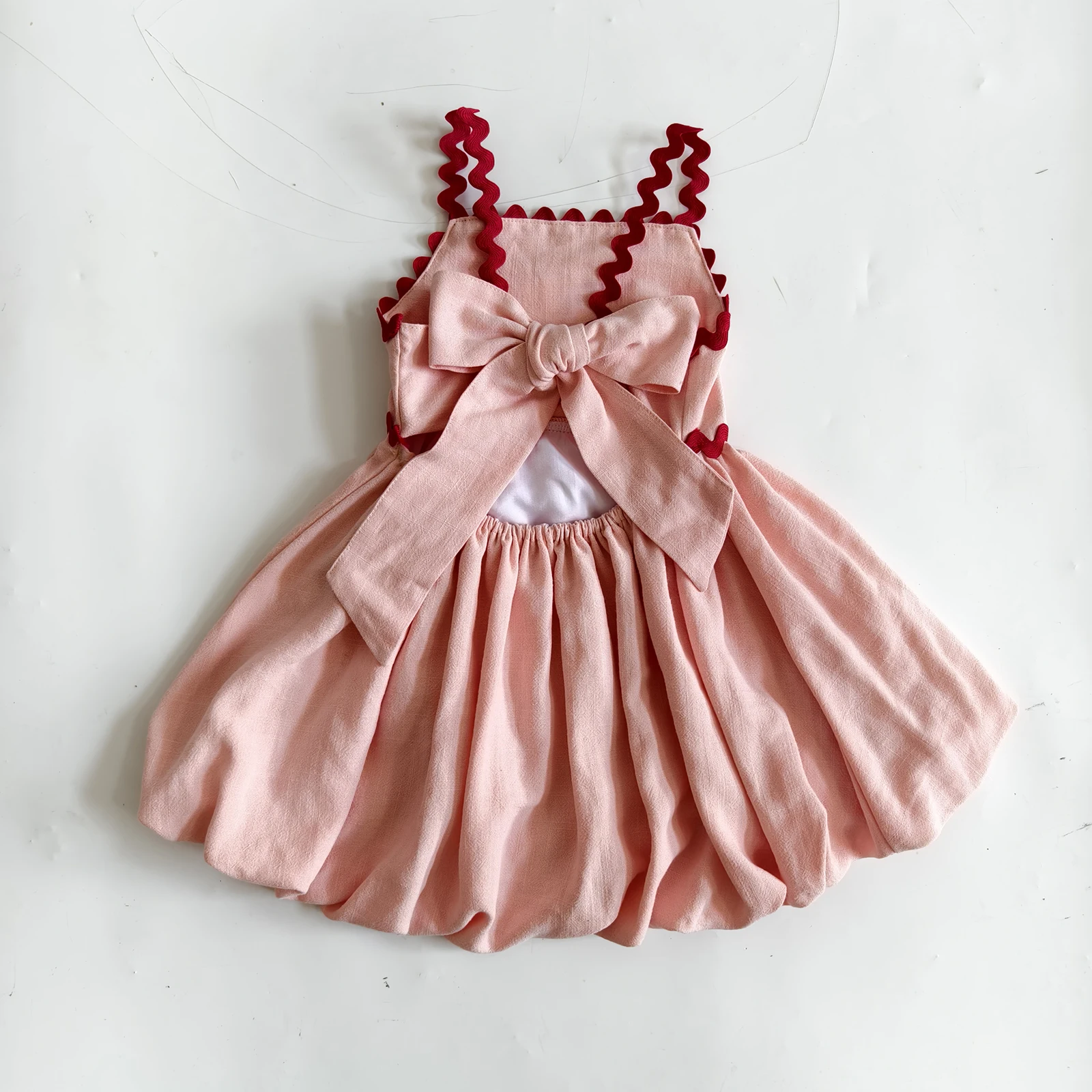 Cute Custom Toddler Girl's Cotton Linen Print Scalloped Trim Lining Sundress Baby Clothing - Image 3