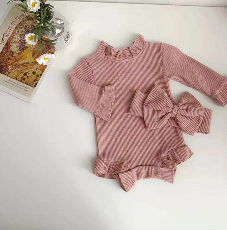 Baby Girl Romper & Bow Set Newborn Infant Ribbed Flared Sleeve Jumpsuit Baby Gift Newborn Cotton Bow and Romper Outfit - Image 4