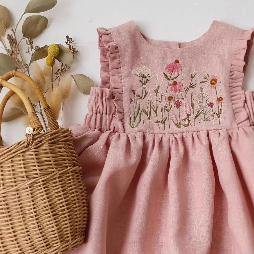 Girls Cotton and Linen Lotus Leaf Sleeveless Vest Dress Embroidered Princess Dress - Image 4