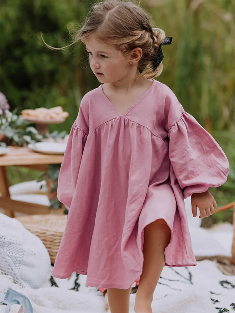 High Quality Girl's Boho Dress Long-Sleeved V-Neck Summer Outfit Cotton Linen Parties Sweet Dress - Image 2