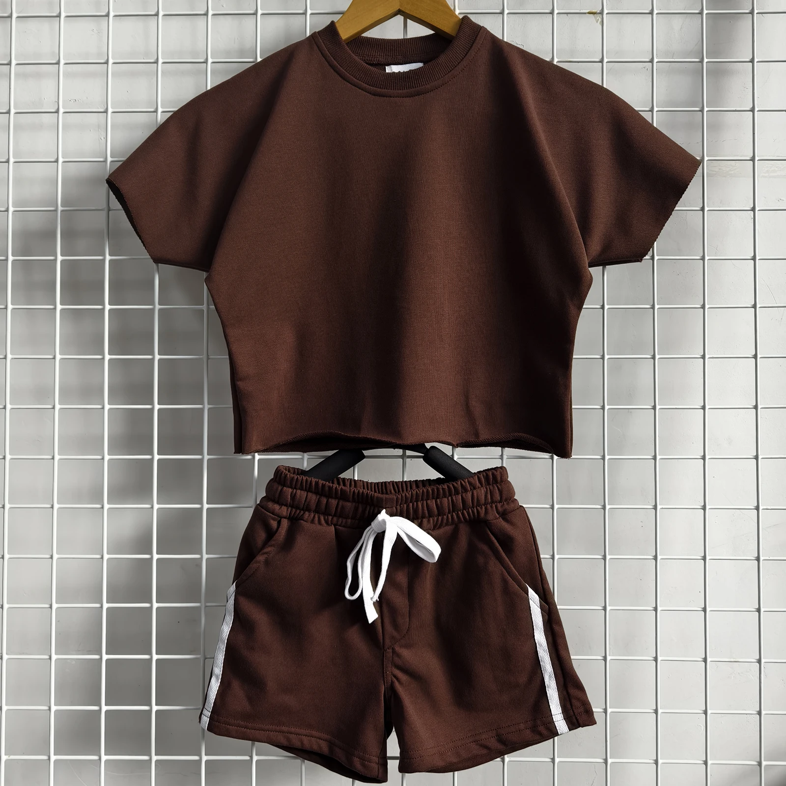 OEM Baby Summer Clothes Solid French Terry Short Sleeved Pullover Shorts Summer Outfit Play Sets - Image 2