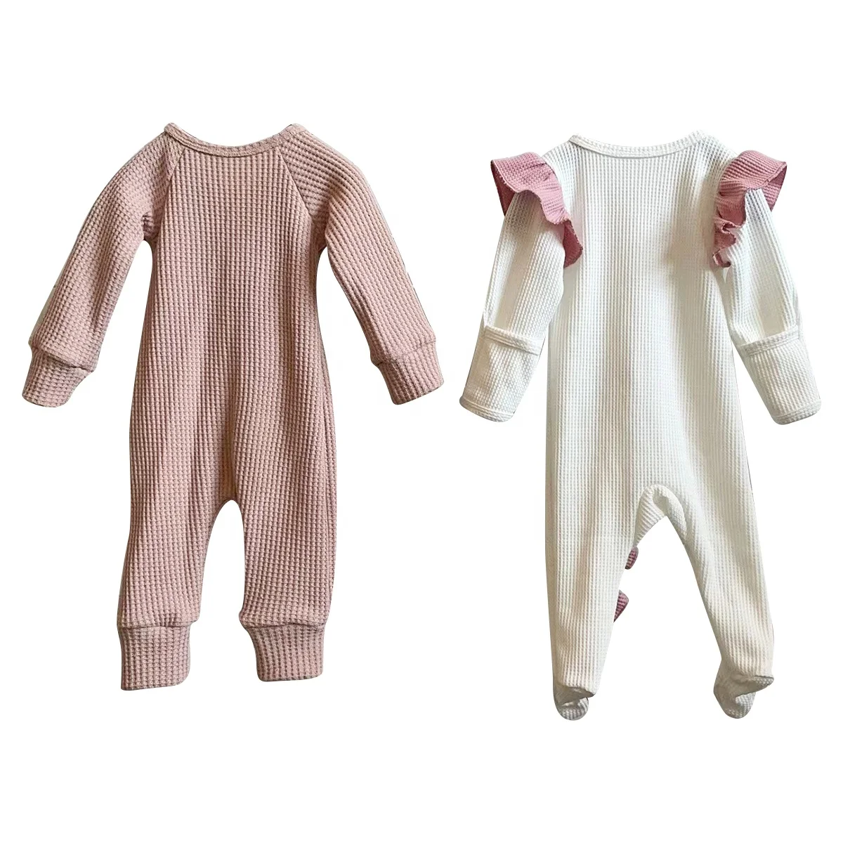 Custom Baby Ruffle Romper Waffle Knit Cotton Soft and Elastic Newborn Baby Girl Gift Pajamas Romper - Image 2