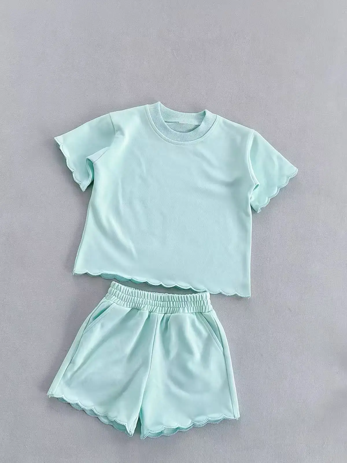 Top Selling Unisex Kids Candy Color Solid French Terry Scallop Sweatshirt Casual 2 Pcs Set for Baby Kids Kids Clothes Set - Image 4