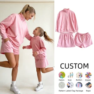 Customized Mommy and Me  French Terry Solid Color Long Sleeve Sweatshirt and Loose Sweat Shorts Suits