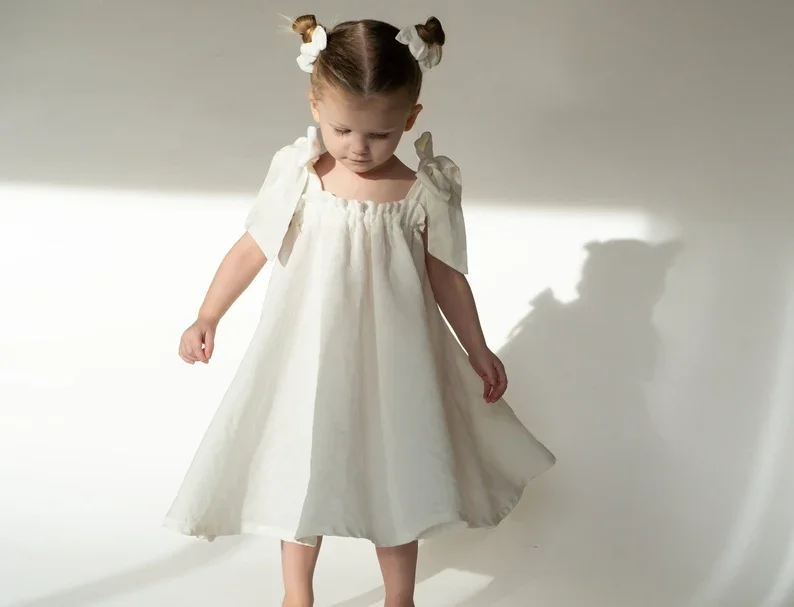 Girls Strap Cute Dress Sleeveless Bow Flared Princess Dress Kids Linen Cotton Cute Ruffle Dress - Image 4
