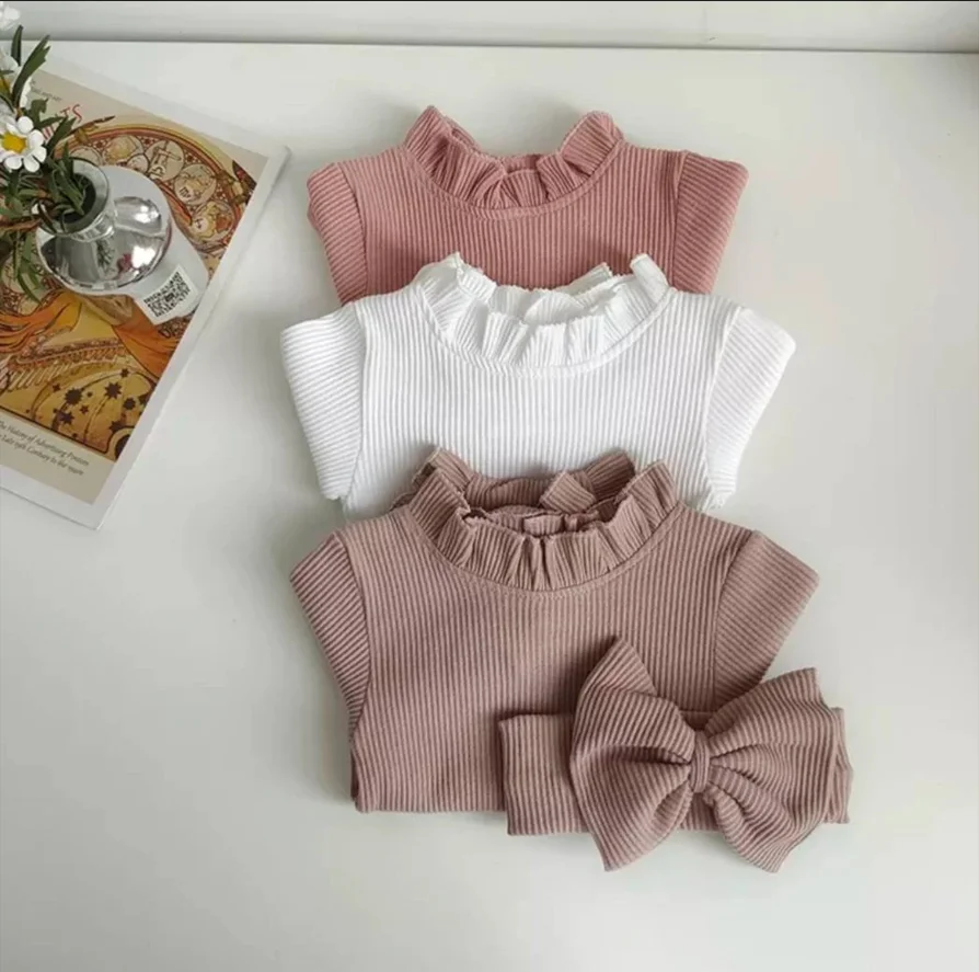 Baby Girl Romper & Bow Set Newborn Infant Ribbed Flared Sleeve Jumpsuit Baby Gift Newborn Cotton Bow and Romper Outfit - Image 2