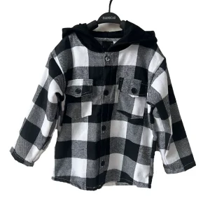 Toddler Boys Button Down Shirt Long Sleeve Custom White and Black Plaid Boys Flannel Checked Hooded Shirts for Kids
