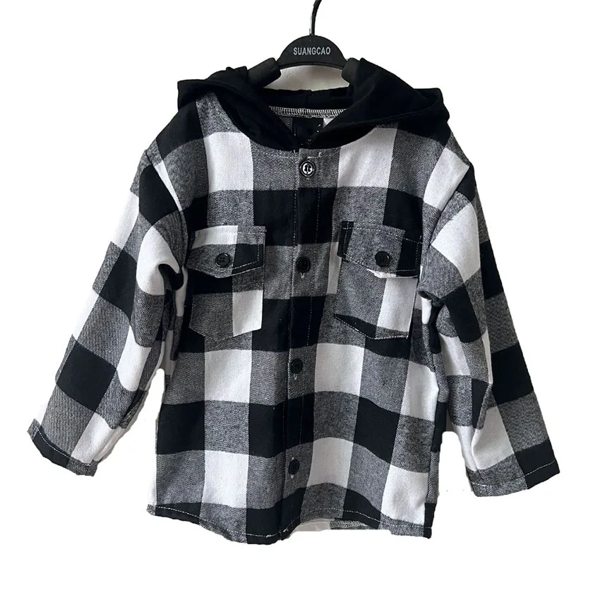 Toddler Boys Button Down Shirt Long Sleeve Custom White and Black Plaid Boys Flannel Checked Hooded Shirts for Kids