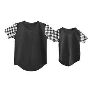 Custom Cotton Curved Hem Baby Boy Block Checkered Sleeve Shirt Top