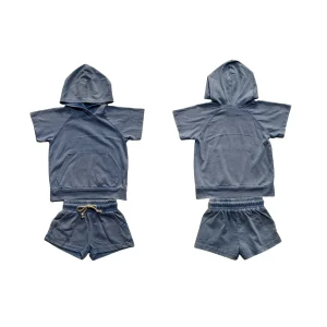 Summer Unisex Kids Boys Girls Acid Wash Hooded Set Short Sleeve T-shirt and Shorts 2pcs Set
