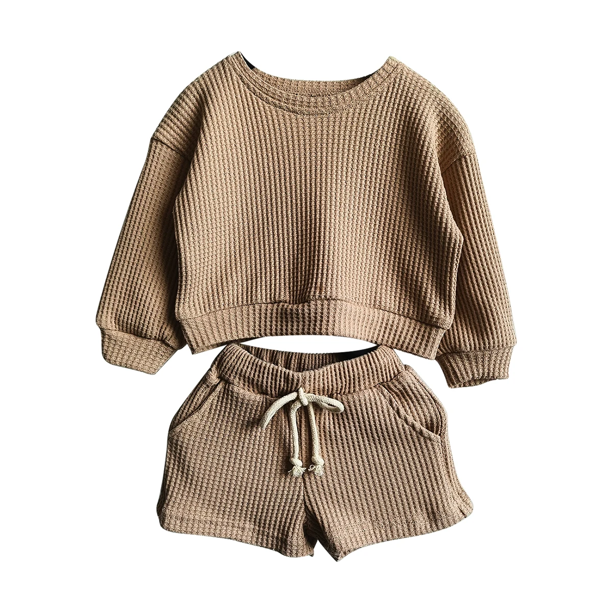 New Arrival Waffle Cotton Solid Color Long Sleeve Shorts Fallow Baby Clothing Sets for Autumn - Image 6