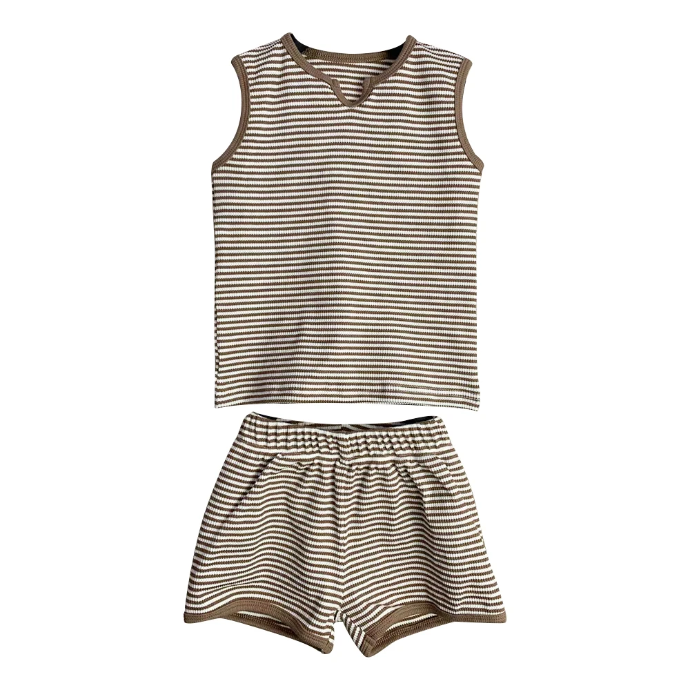 New Arrival Baby Toddler Summer Waffle Set Sleeveless Pocket Shirt and Shorts Custom Color Neutral Baby Outfit - Image 5