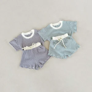 Ready to Ship Summer Children's Waffle Cotton Short Sleeve and Shorts Two-piece Set Kids Casual Suit