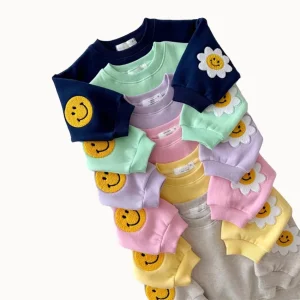 Hot Sale Baby Sunflower Smile Patch Clothes Sets Solid Custom Color Cute Long Sleeves Jogger Sets for Spring