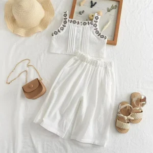 RTS Girls Embroidered Cotton Linen Vest Set 2024 Summer Sleeveless Top Wide-leg Pants Two-piece Set