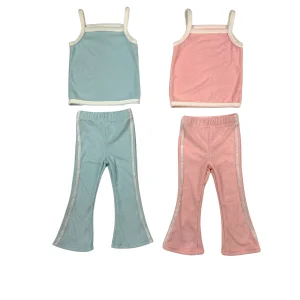 Customized new summer contrast color towel cloth kids suspender suit for going out on vacation style flared casual trousers suit